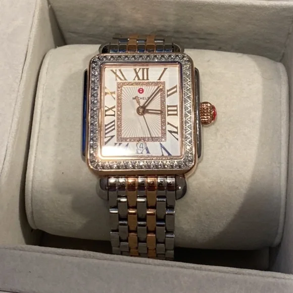 Deco Madison Mid Two-Tone Rose Gold Diamond Michele Watch NEW Michele Deco Madison Mid 16 Rose Gold & Silver Diamond  main image 3